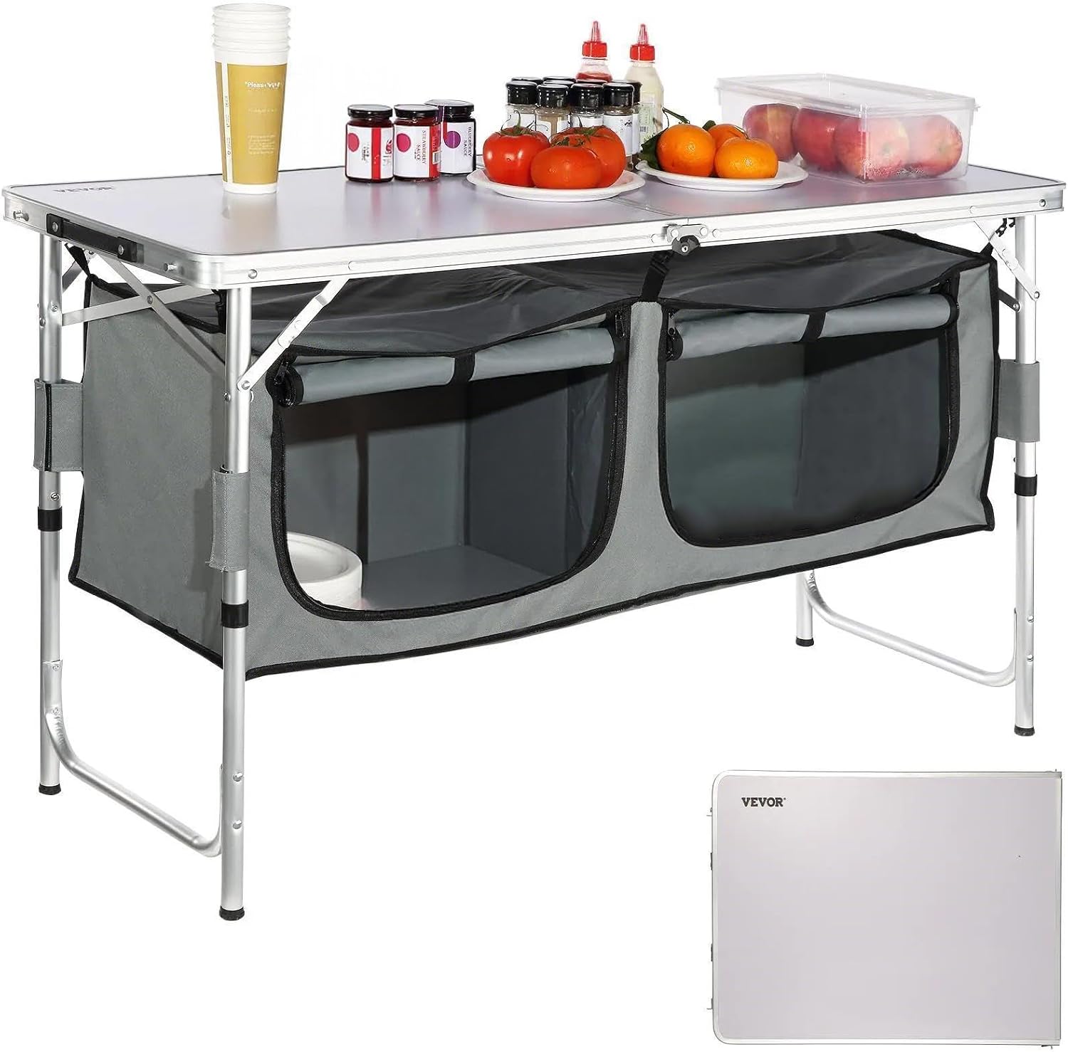 Camping Cooking Table With Storage - Camping Kitchen Station, 3 Adjustable Height