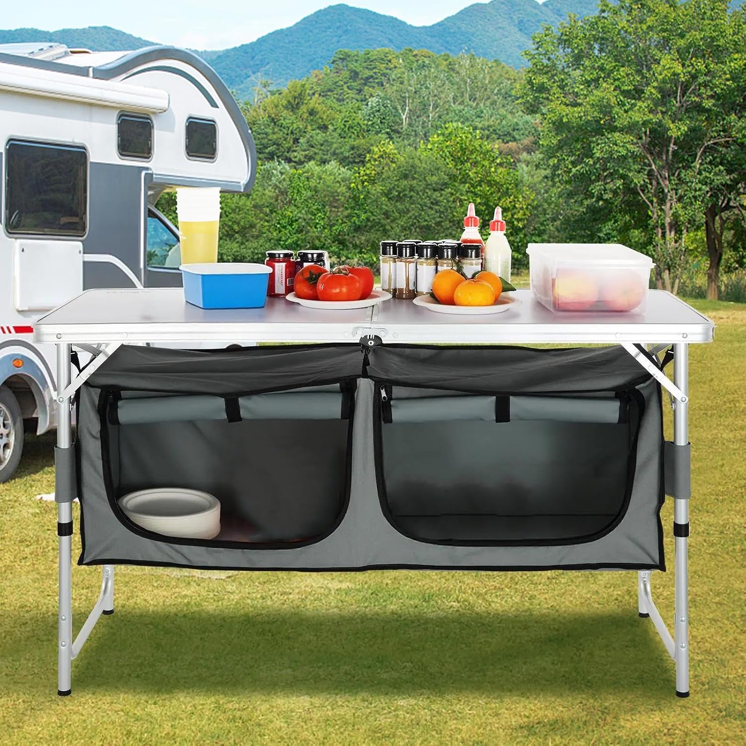Camping Kitchen Station, 3 Adj - Camping Cooking Table With Storage review and price